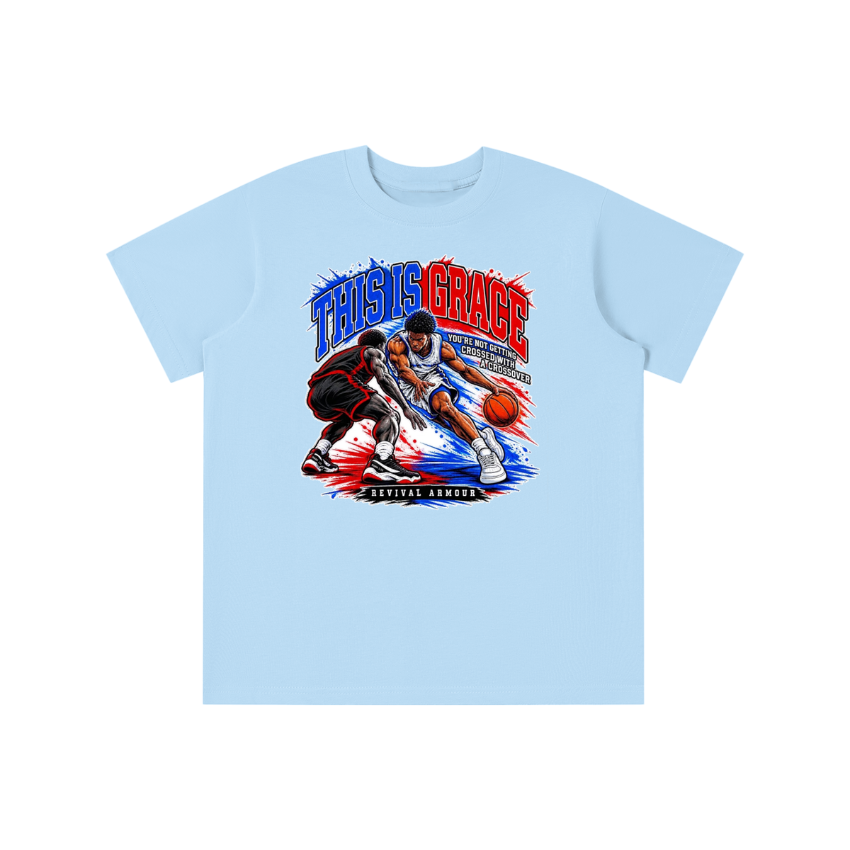 THIS IS GRACE YOU'RE NOT GETTING CROSSED WITH A CROSSOVER ( MARK 1:15 IS ON HIS SHOES TOO ) youth T-shirt