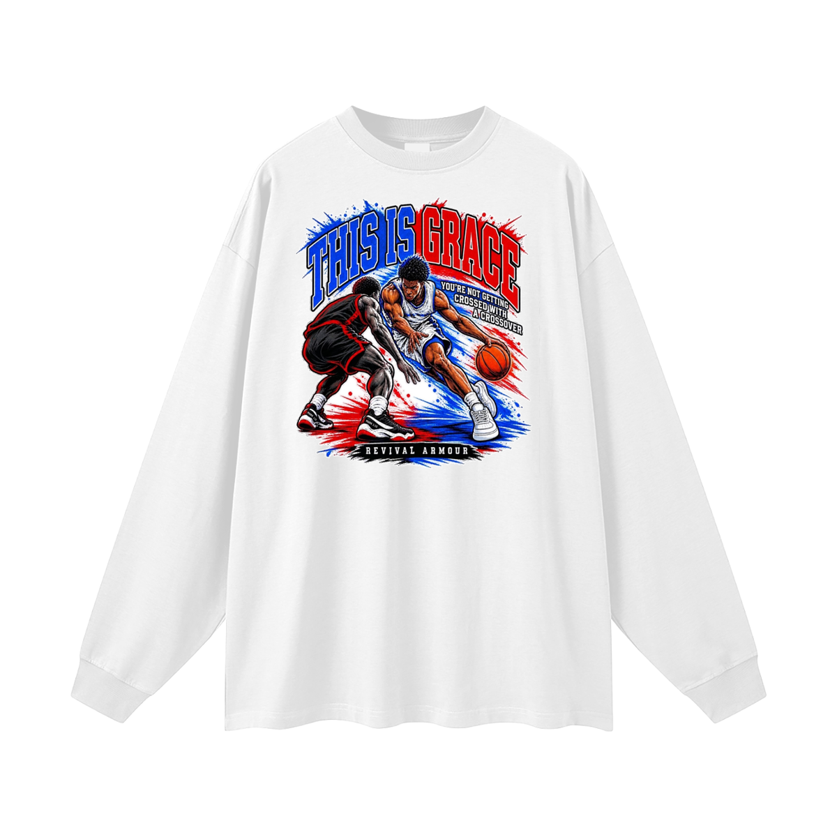 THIS IS GRACE YOU'RE NOT GETTING CROSSED WITH A CROSSOVER ( MARK 1:15 IS ON HIS SHOES TOO ) Long Sleeve T-Shirt