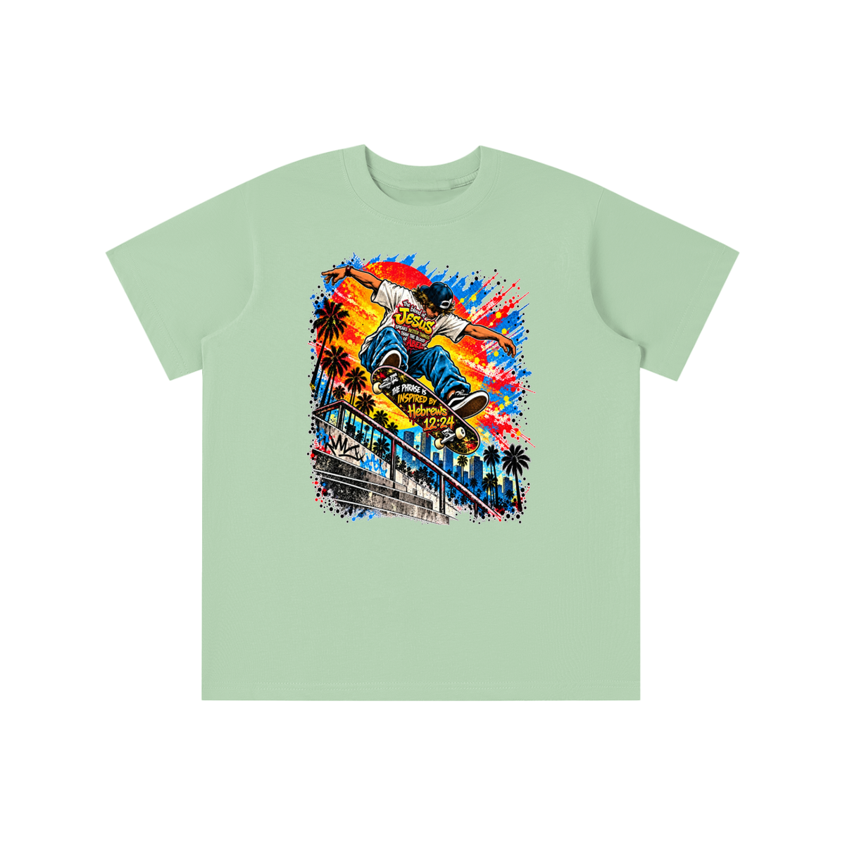 the blood of Jesus speaks better things than the blood of Abel the phrase is inspired by HEBREWS 12:24 skater youth T-shirt