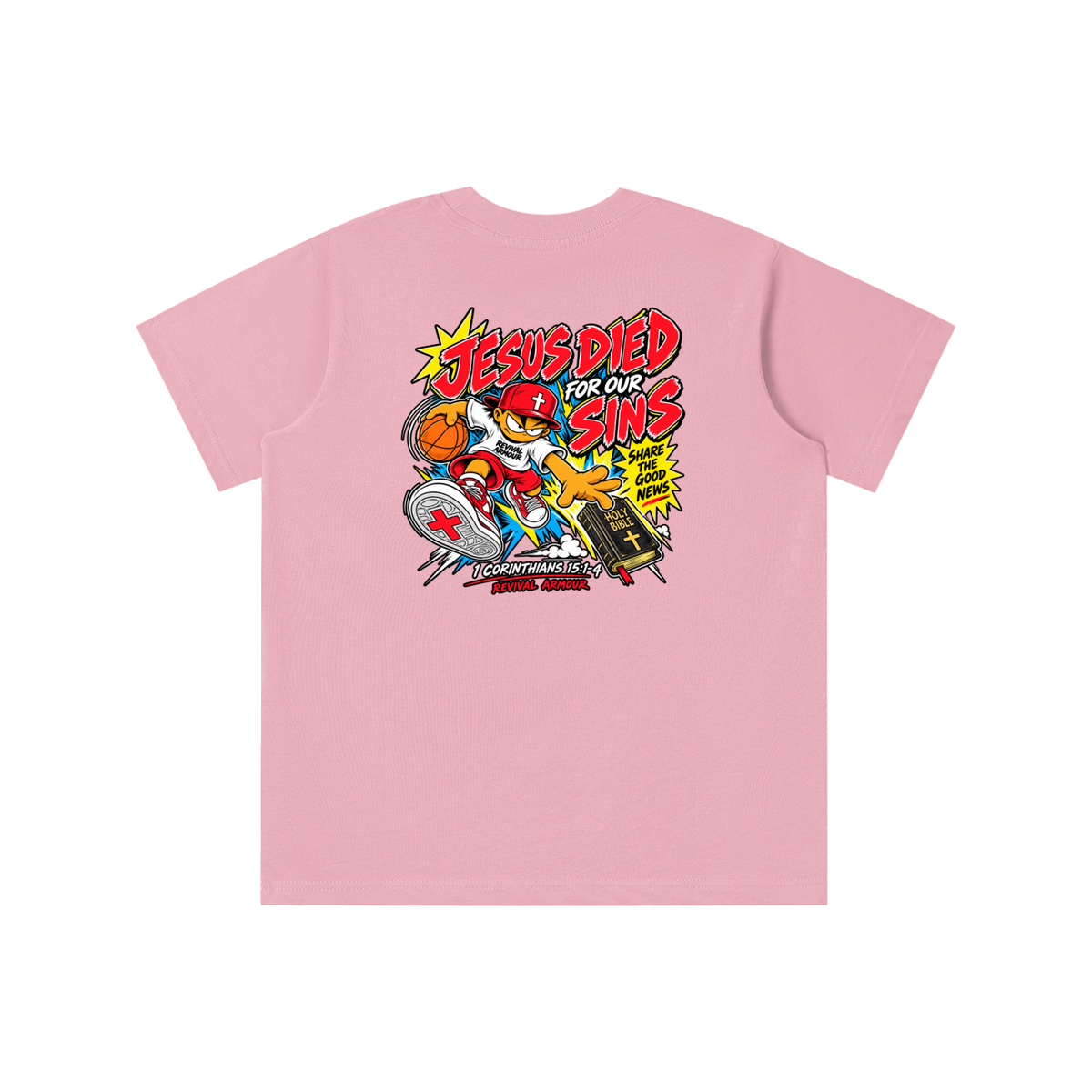 SUBMIT TO JESUS RESIST THE DEVIL AND HE WILL FLEE FROM YOU INSPIRED BY JAMES 4:7 JESUS DIED FOR OUR SINS SHARE THE GOOD NEWS HOLY BIBLE 1 CORTHIANS 15:1-4 REVIVAL ARMOUR Kids' T-shirt