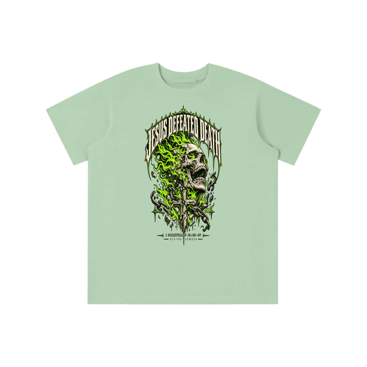 JESUS DEFEATED DEATH - 1 CORINTHIANS 15:55-57- youth T-shirt