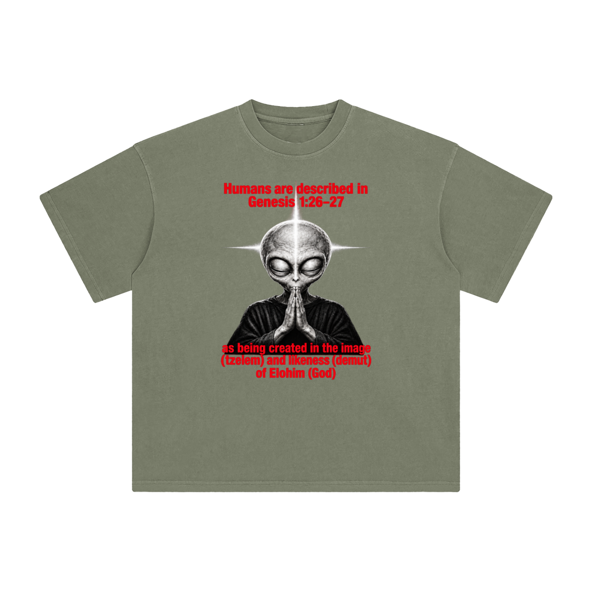 human are described in Genesis 1:26-27 as being created in the image (tzelem) and likeness (demut) of Elohim (God) T-Shirt