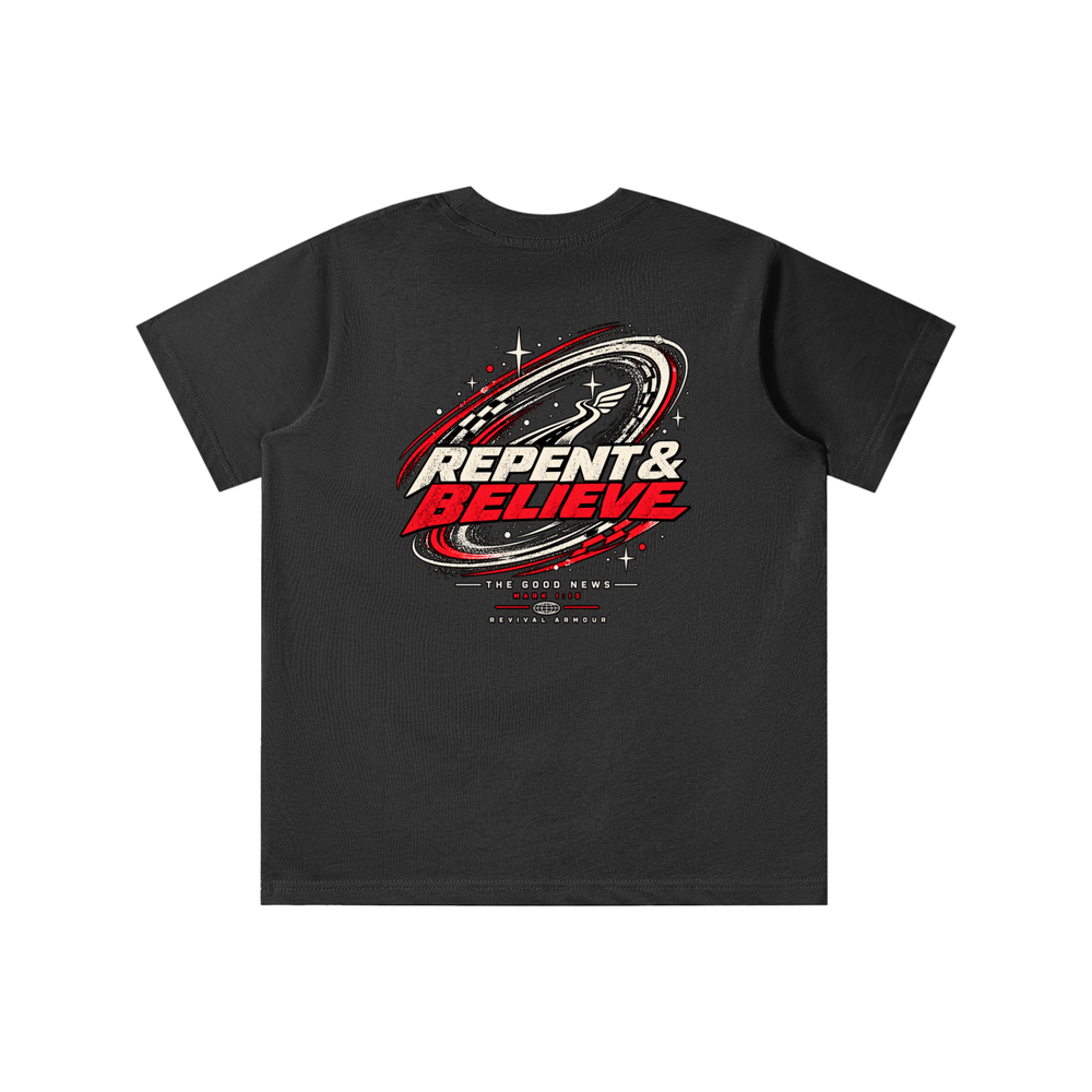 JESUS CHRIST DIED FOR OUR SINS THAT'S THE GOOD NEWS ACCORDING TO 1 CORINTHIANS 15:1-4 REPENT & BELIEVE THE GOOD NEWS - MARK 1:15 - REVIVAL ARMOUR youth T-shirt