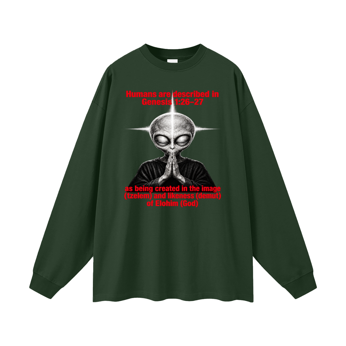 human are described in Genesis 1:26-27 as being created in the image (tzelem) and likeness (demut) of Elohim (God) Long Sleeve T-Shirt