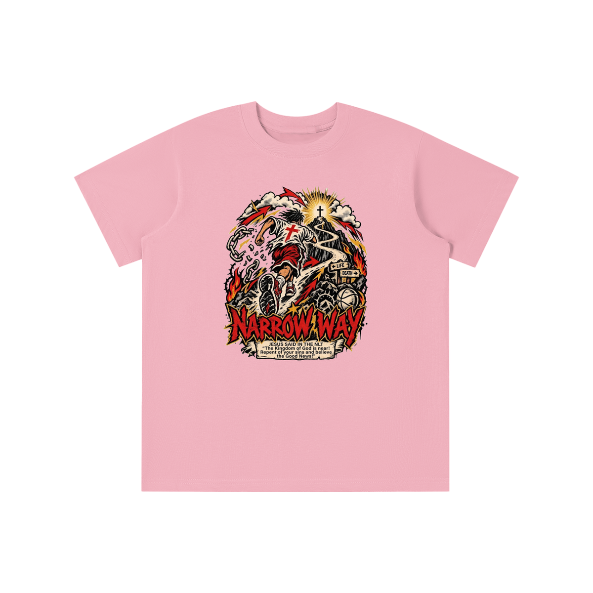 NARROW WAY JESUS SAID IN NLT "The kingdom of God is near! Repent of your sins and believe the Good News!" youth T-shirt