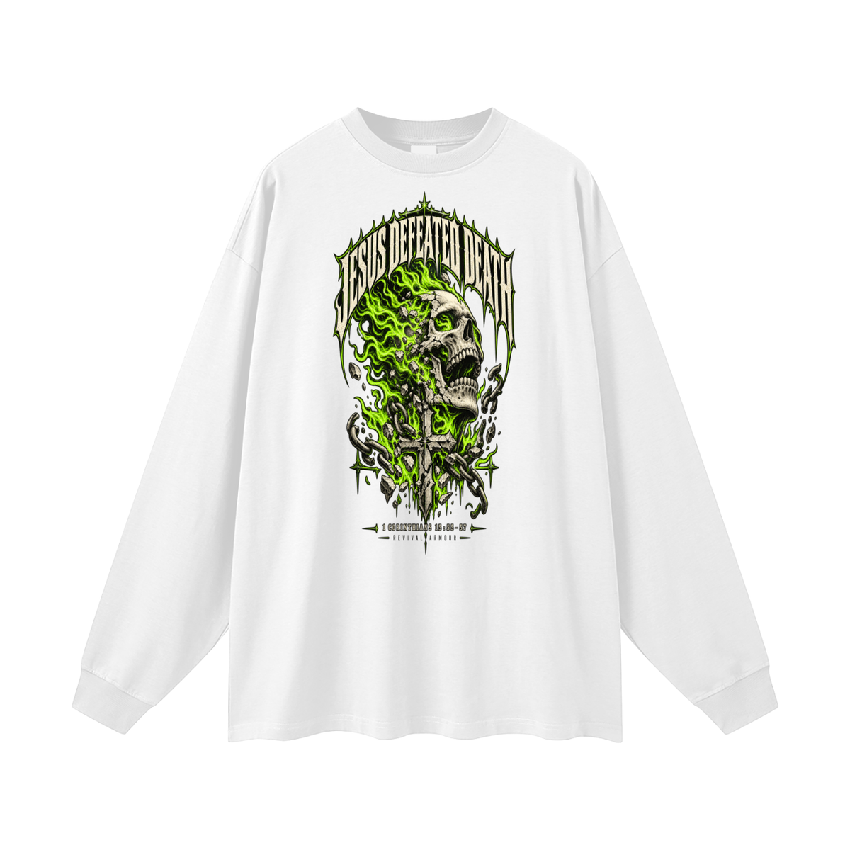 JESUS DEFEATED DEATH - 1 CORINTHIANS 15:55-57- Long Sleeve T-Shirt