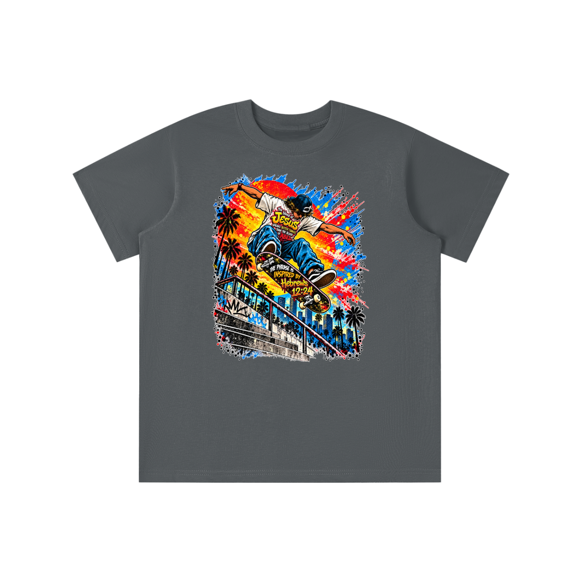 the blood of Jesus speaks better things than the blood of Abel the phrase is inspired by HEBREWS 12:24 skater youth T-shirt