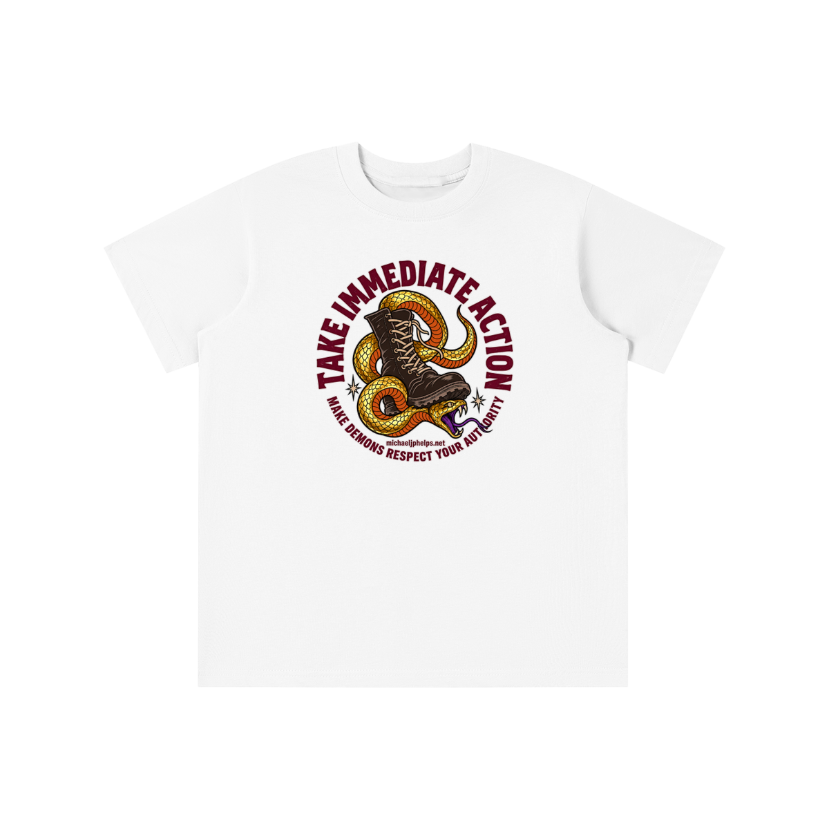 TAKE IMMEDIATE ACTION MAKE DEMONS RESPECT YOUR AUTHORITY michaeljphelps.net youth T-shirt