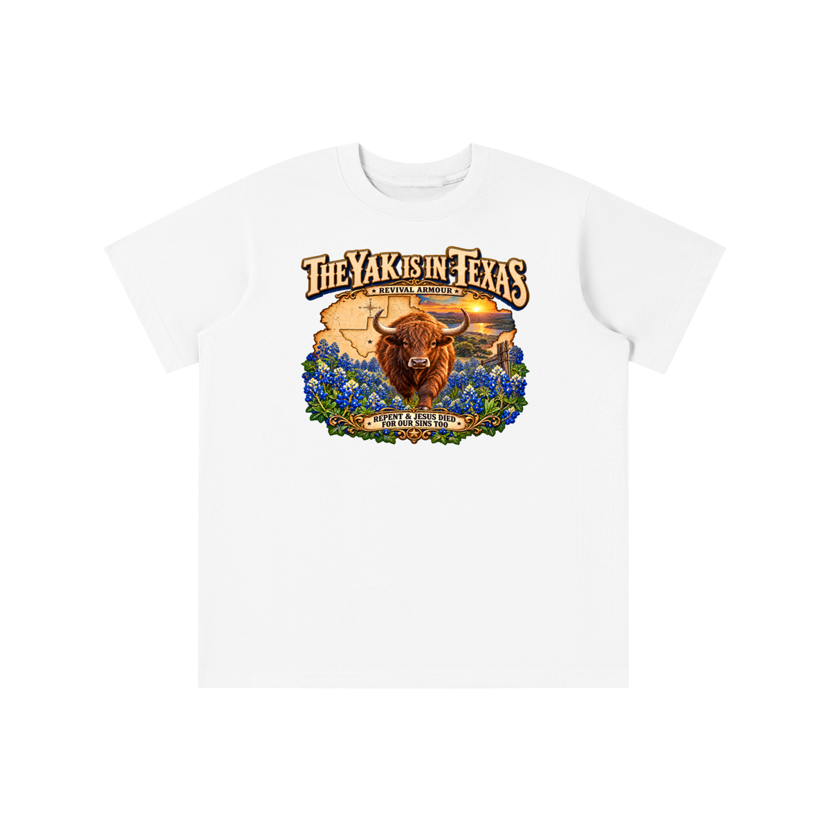 THE YAK IS IN TEXAS REPENT & JESUS DIED FOR OUR SINS TOO youth T-shirt