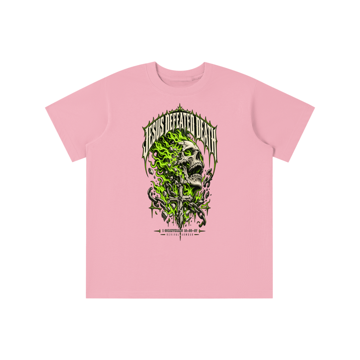 JESUS DEFEATED DEATH - 1 CORINTHIANS 15:55-57- youth T-shirt