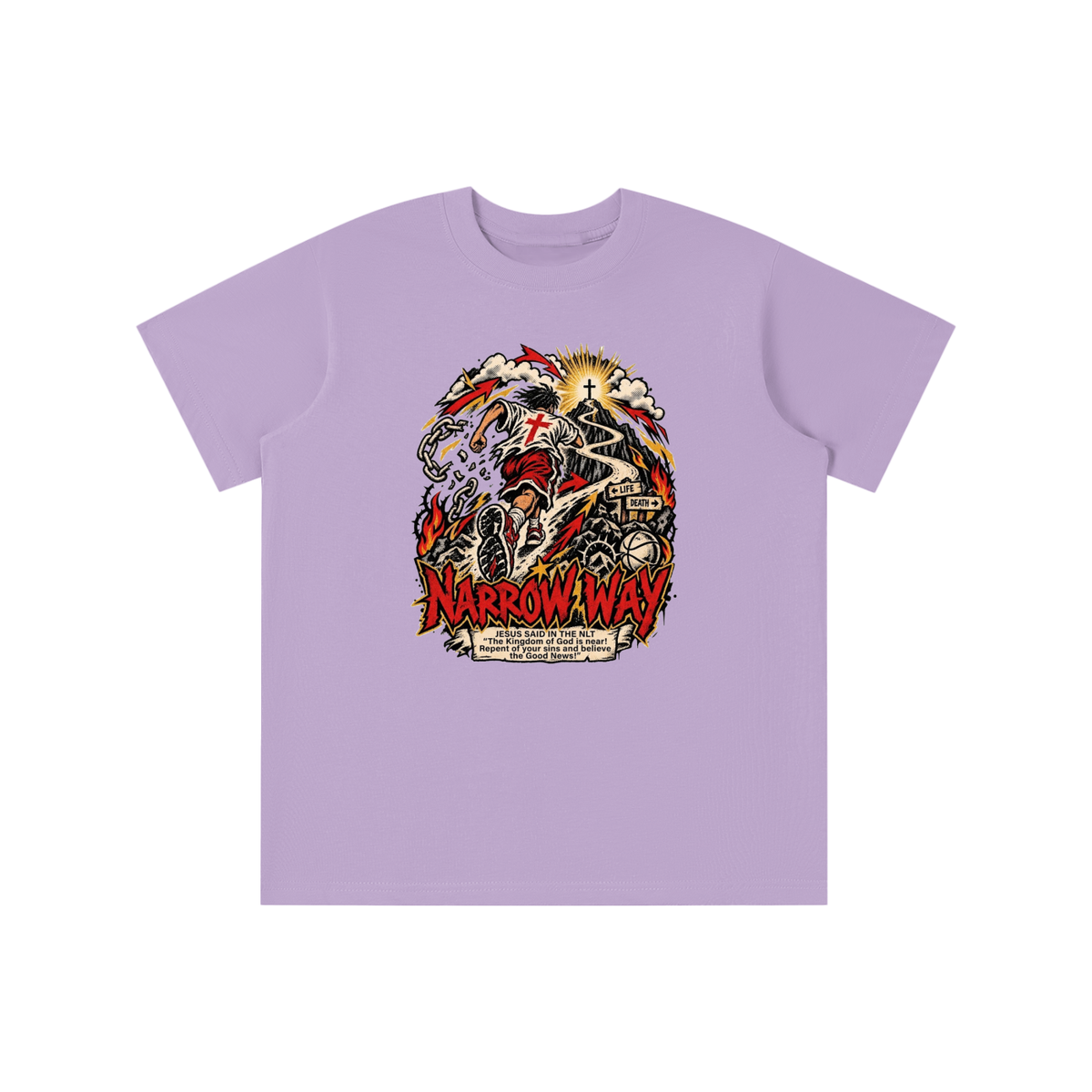 NARROW WAY JESUS SAID IN NLT "The kingdom of God is near! Repent of your sins and believe the Good News!" youth T-shirt