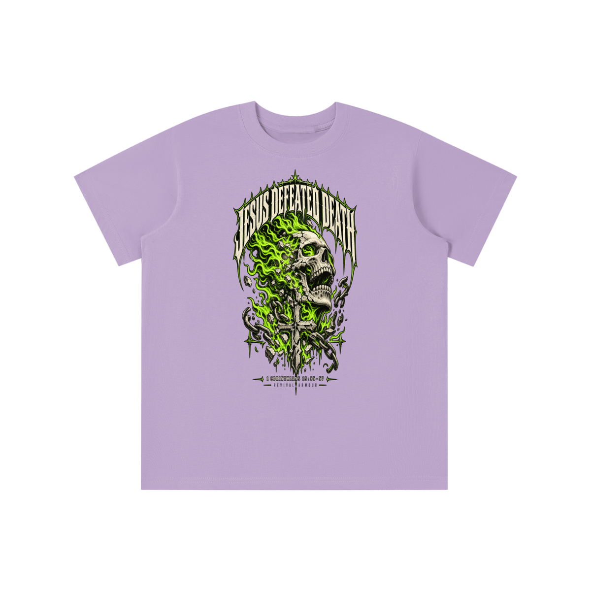 JESUS DEFEATED DEATH - 1 CORINTHIANS 15:55-57- youth T-shirt