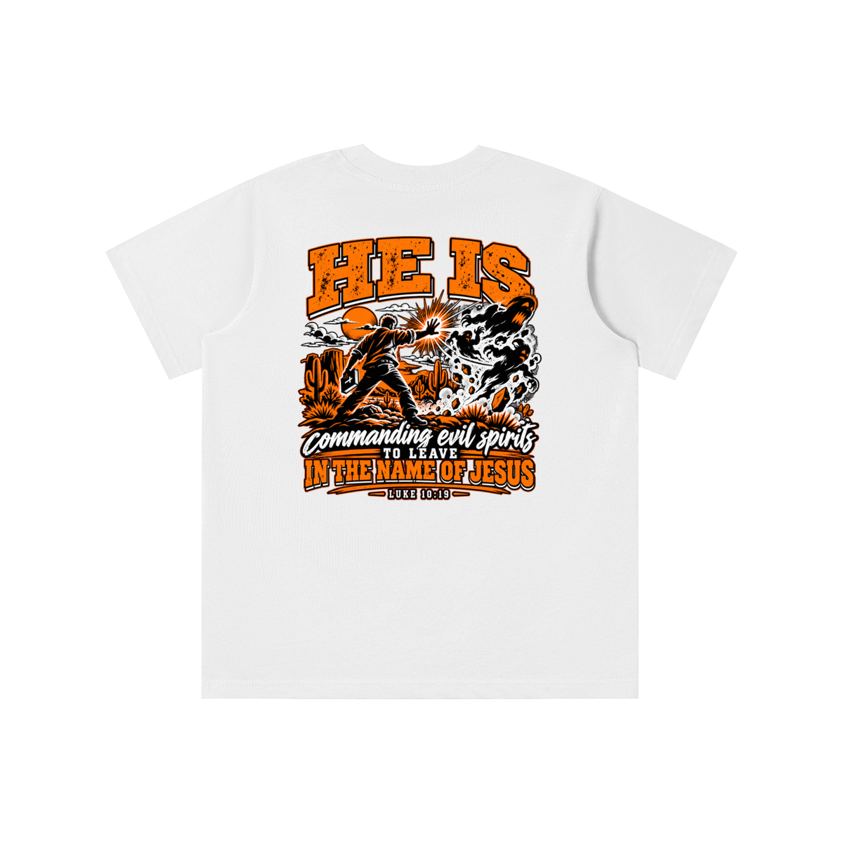 THE WEAPONS OF OUR WARFARE ARE NOT CARNAL HE IS COMMANDING EVIL SPIRITS TO LEAVE IN THE NAME OF JESUS - LUKE 10:19 - youth T-shirt