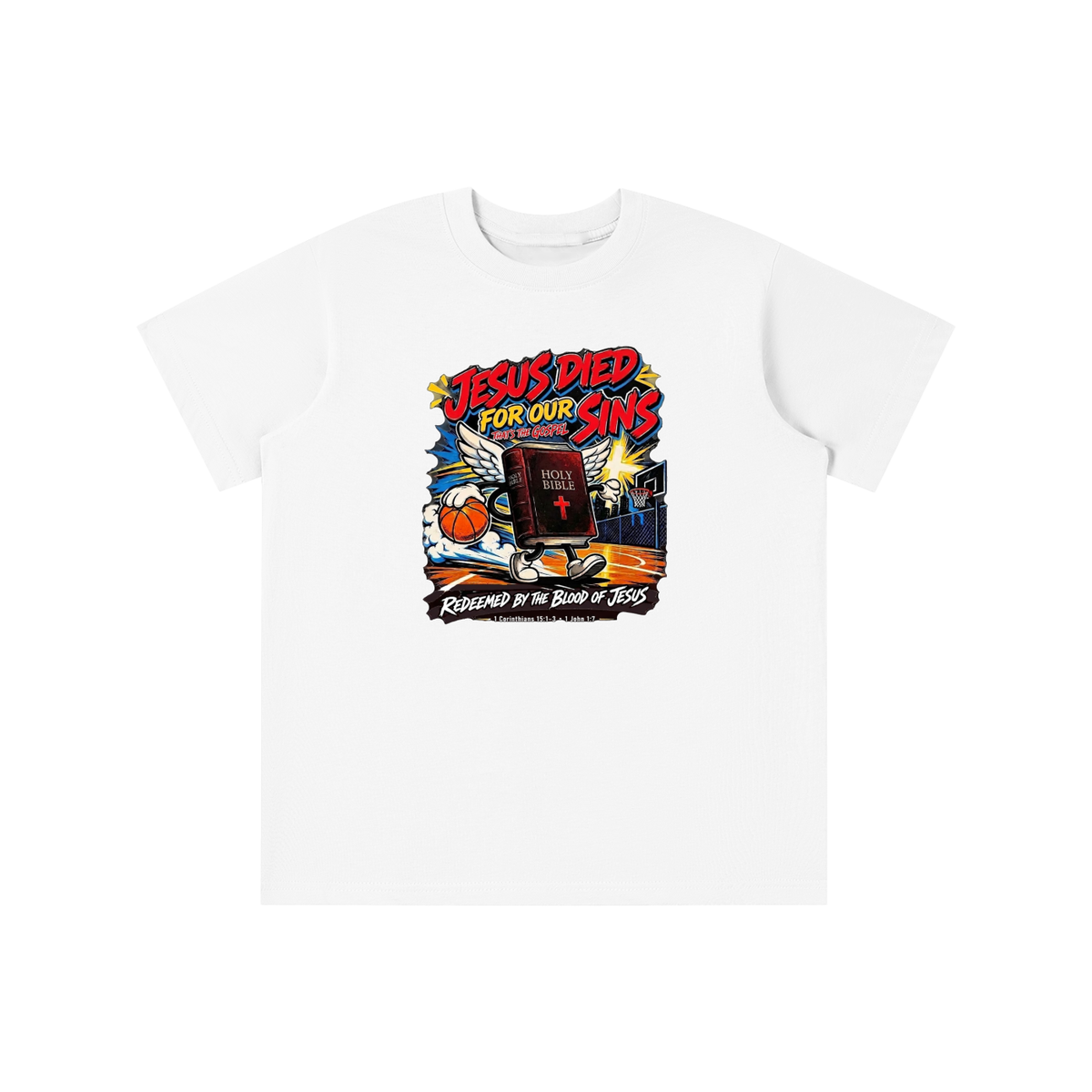 Jesus died for our sins that's the gospel redeemed by the blood of Jesus 1 Corinthians 15:1-3 . 1 John 1:7 youth T-shirt