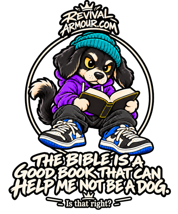 REVIVALARMOUR.COM THE BIBLE IS A GOOD BOOK THAT CAN HELP ME NOT BE A DOG. Is that right? T-Shirt