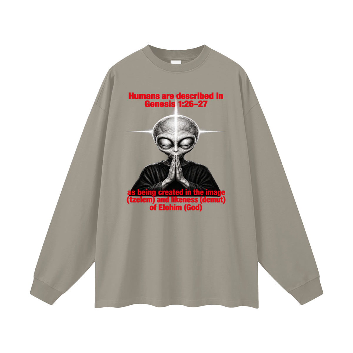 human are described in Genesis 1:26-27 as being created in the image (tzelem) and likeness (demut) of Elohim (God) Long Sleeve T-Shirt