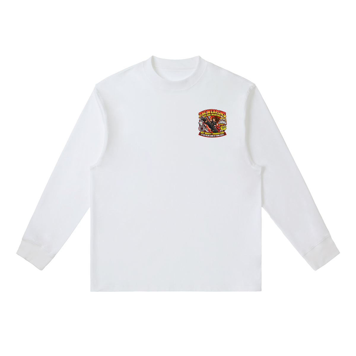 THE WEAPONS OF OUR WARFARE ARE NOT CARNAL INSPIRED BY 2 CORINTHIANS 10:4 BUT MIGHTY THROUGH GOD TO THE PULLING DOWN OF STRONG HOLDS REVIVAL ARMOUR Long-Sleeve T-Shirt