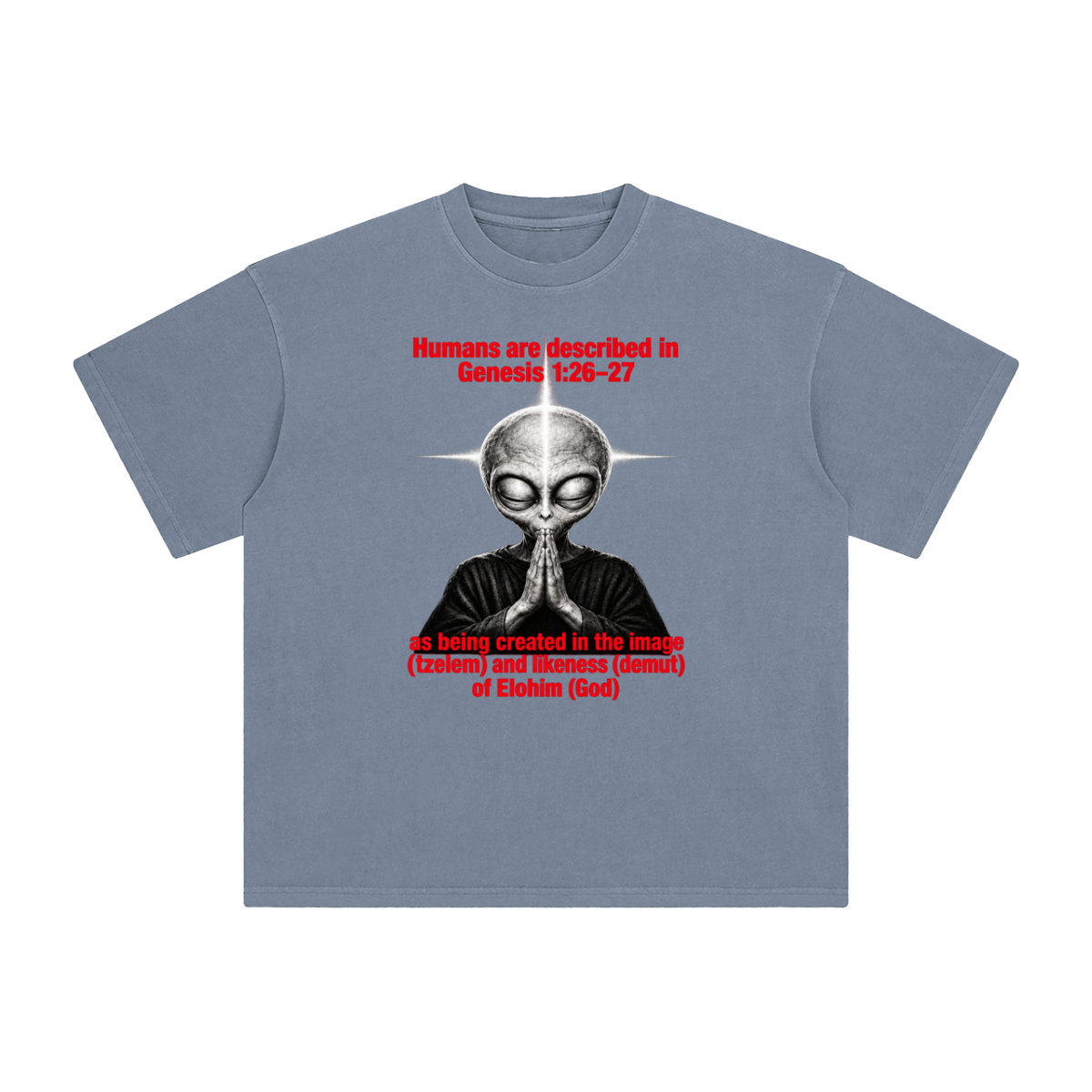 human are described in Genesis 1:26-27 as being created in the image (tzelem) and likeness (demut) of Elohim (God) T-Shirt