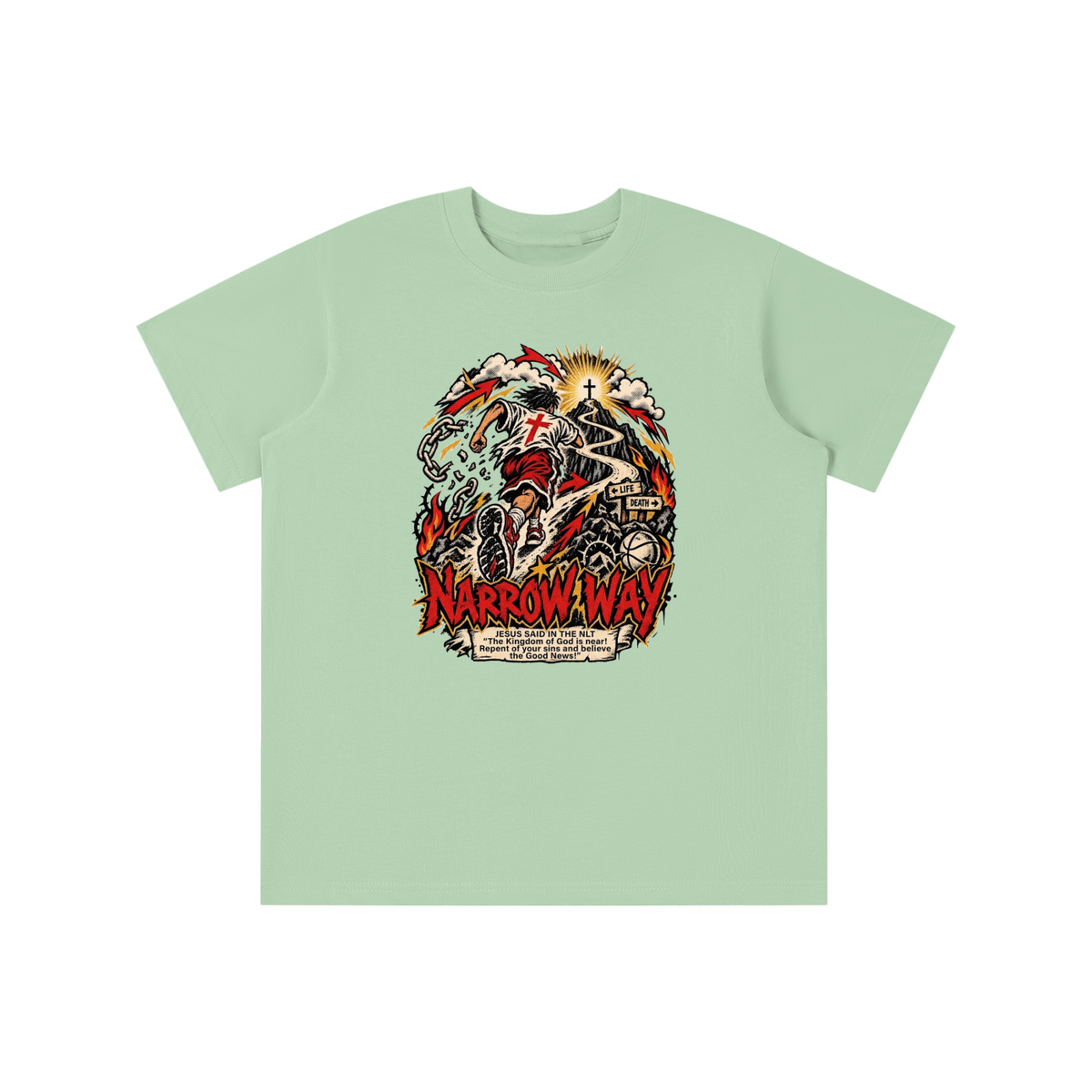 NARROW WAY JESUS SAID IN NLT "The kingdom of God is near! Repent of your sins and believe the Good News!" youth T-shirt