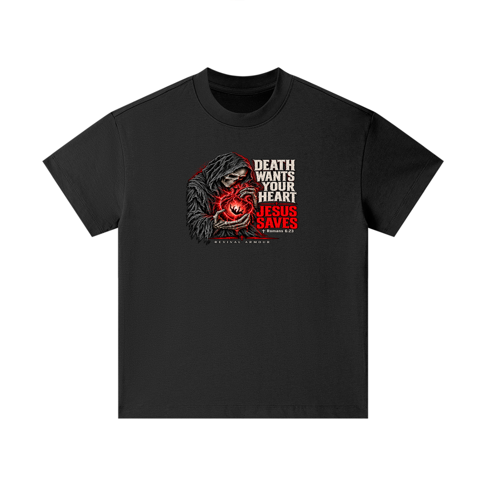 DEATH WANTS YOUR HEART JESUS SAVES ROMANS 6:23 REVIVAL ARMOUR KIDS T-Shirt