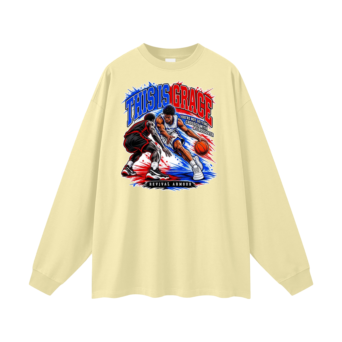 THIS IS GRACE YOU'RE NOT GETTING CROSSED WITH A CROSSOVER ( MARK 1:15 IS ON HIS SHOES TOO ) Long Sleeve T-Shirt