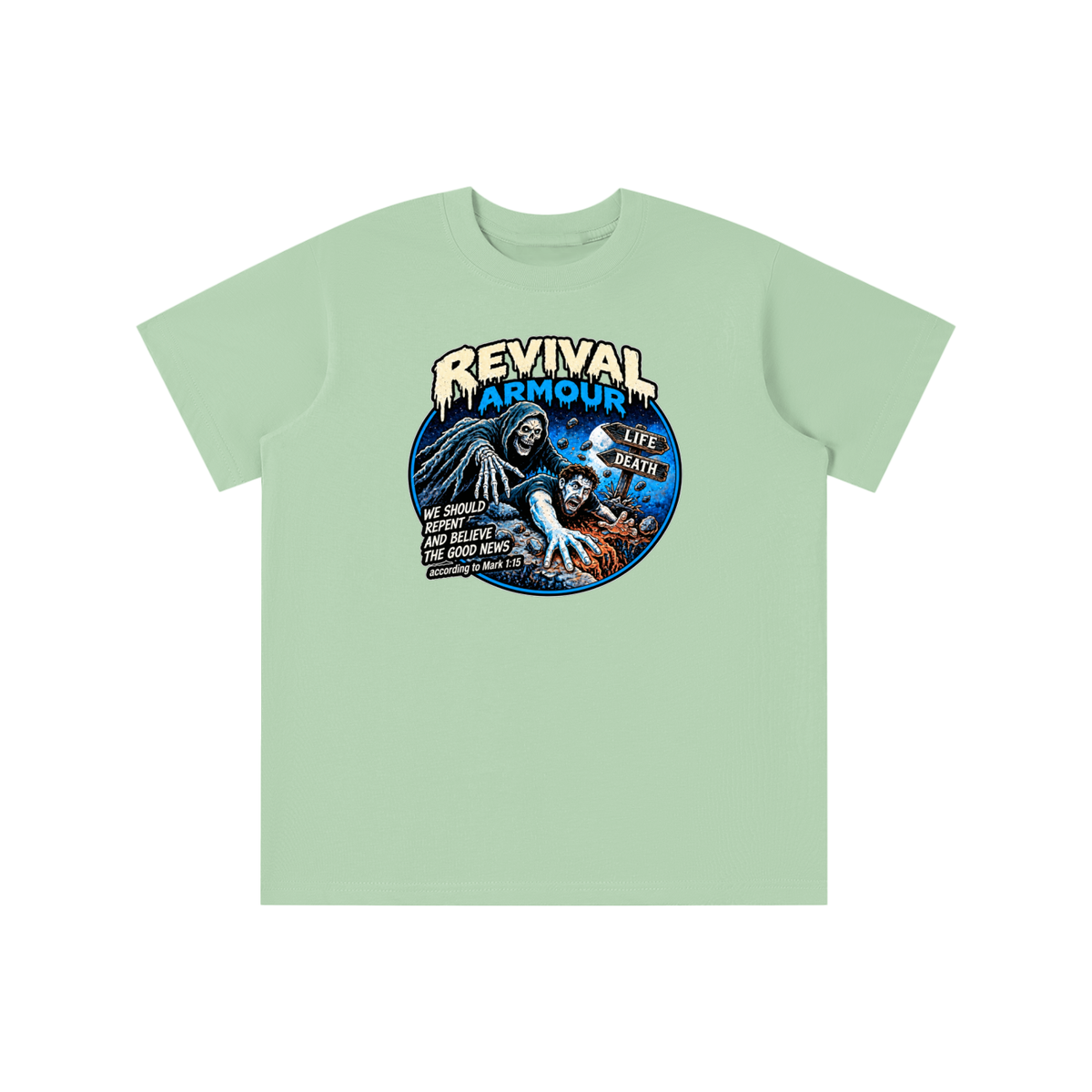 REVIVAL ARMOUR WE SHOULD REPENT AND BELIEVE THE GOOD NEWS according to Mark 1:15 youth T-shirt